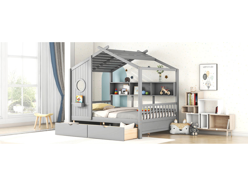 Lit en bois avec 2 tiroirs, lit pour enfant avec tablette de rangement, Lit double, Gris