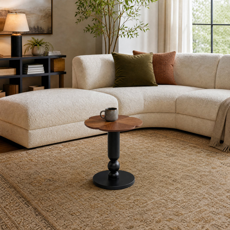 Table d'appoint Astoria en trèfle, petite table de chevet avec un seul pied central, pour salon et chambre, noyer/noir