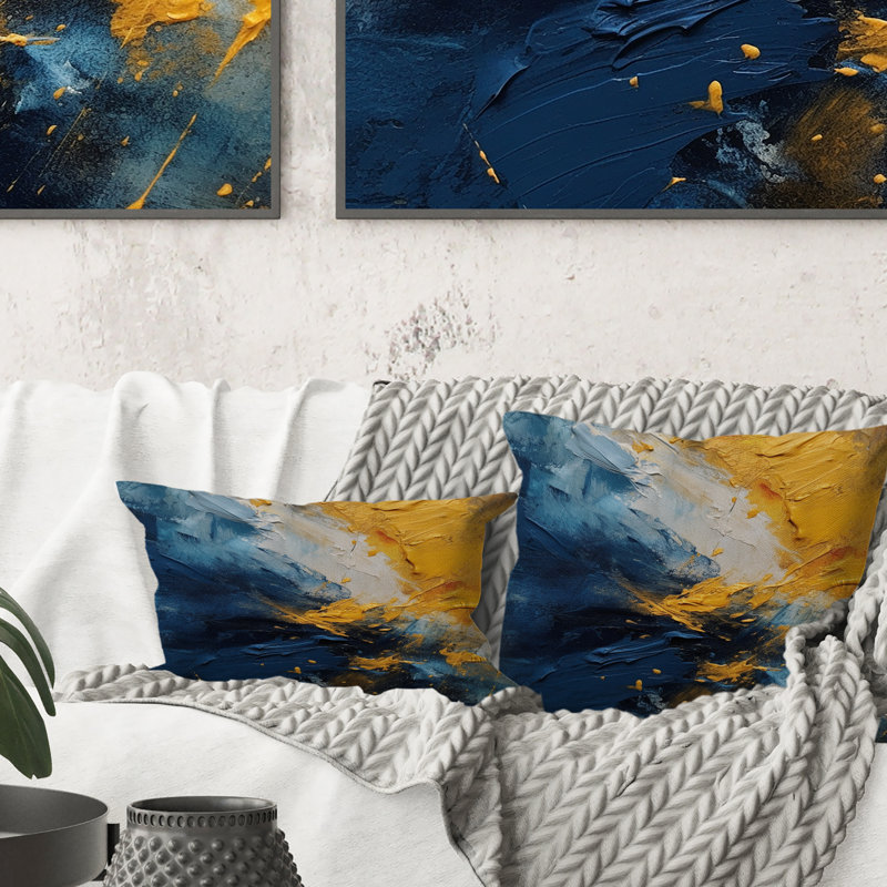 Coussin décoratif imprimé abstrait bleu et jaune II