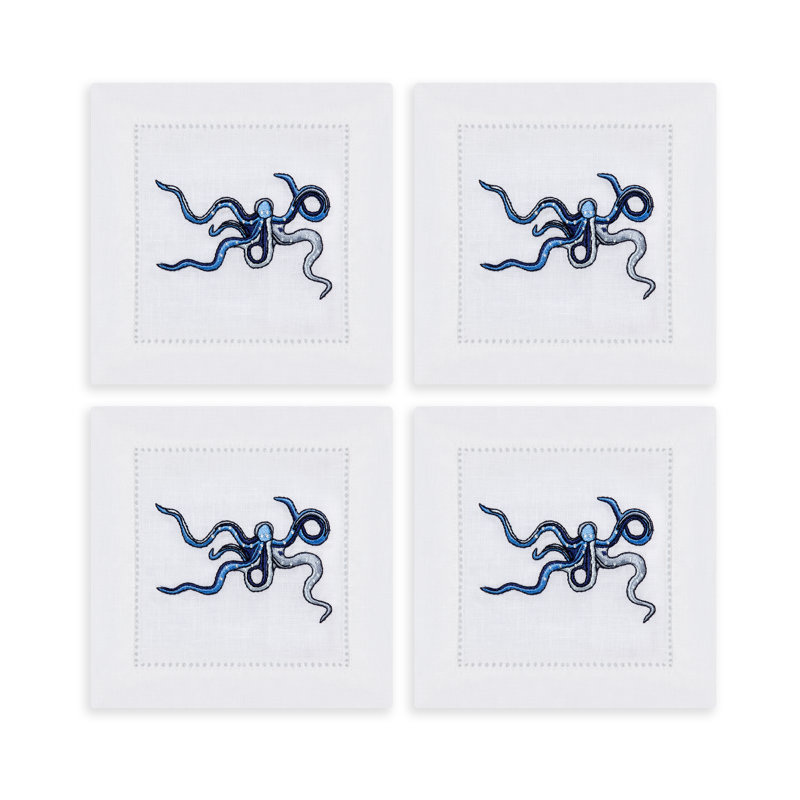 Marine Motif Embroidered Linen Cocktail Napkins