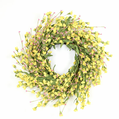 24" Artificial Spring Summer Blossom Cluster Greenery Foliage Berry Forsythia Floral Wreath For Front Door