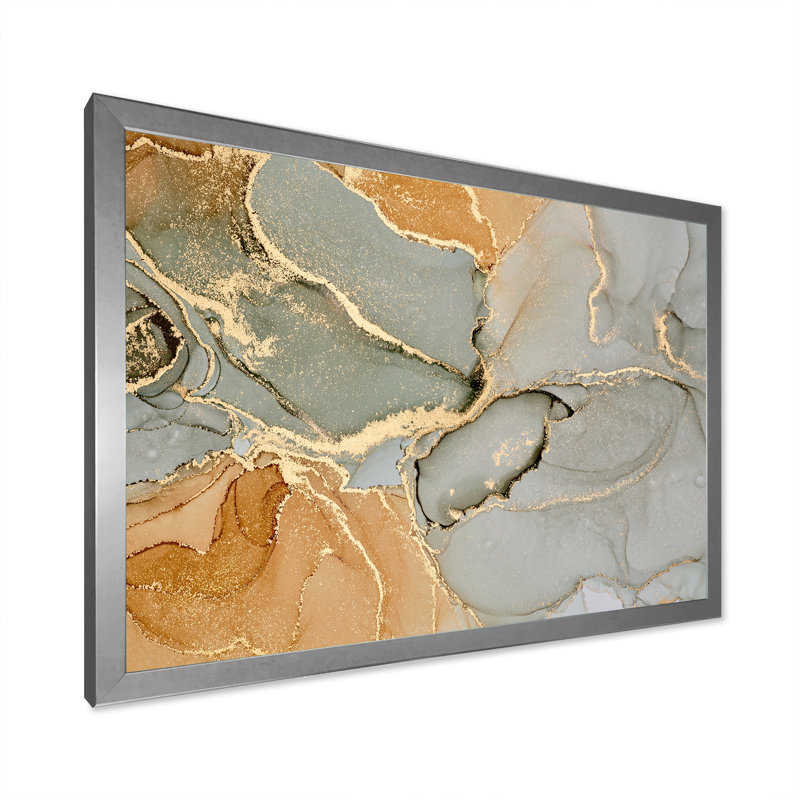«Brown Luxury Abstract Fluid Art VI», peinture sur toile, H 30 po x l 40 po x P 1,5 po, Cadre photo argenté