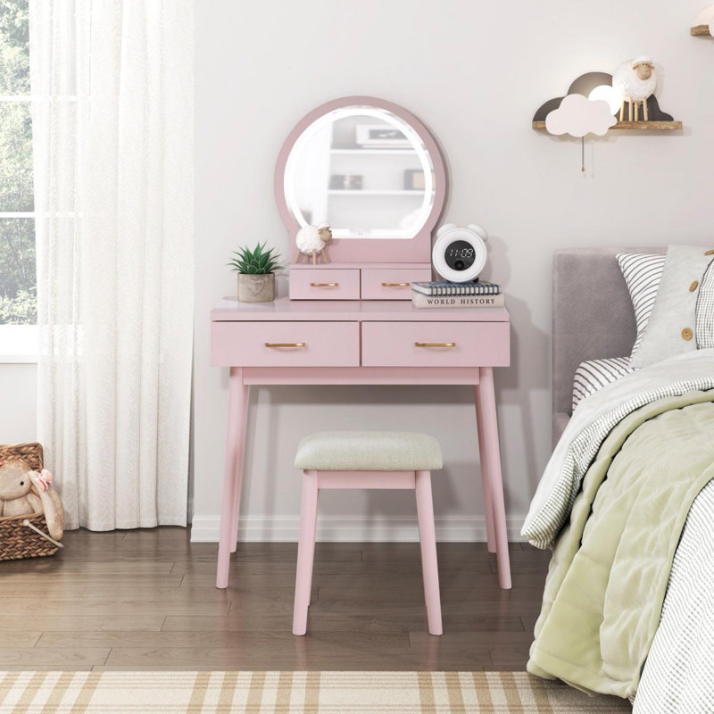Beautiful Vanity Dresser with Mirror and Stool Set Storage Drawers, Pink