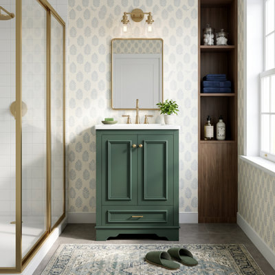 Meuble-lavabo autoportant moderne de 24 po avec lavabo en céramique, portes à fermeture douce et poignées en métal doré