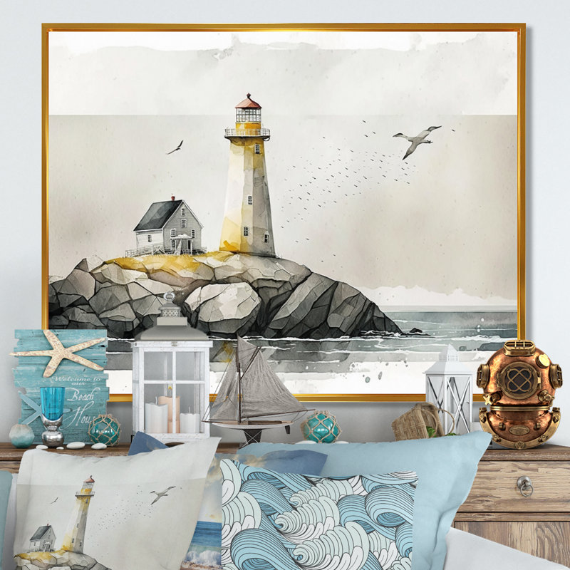Phare sur la côte II - phare côtier, art mural, H 24 po x l 32 po x P 1 po, Toile avec cadre flottant or