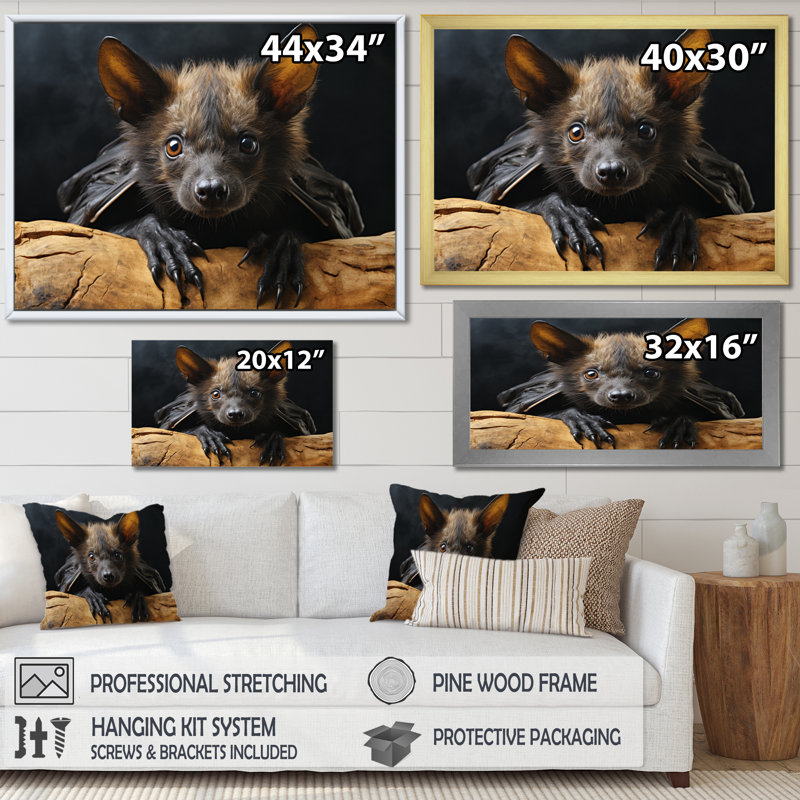 Portrait de chauve-souris I - Impressions encadrées de chauve-souris, H 12 po x l 20 po x P 1 po, Cadre photo noir