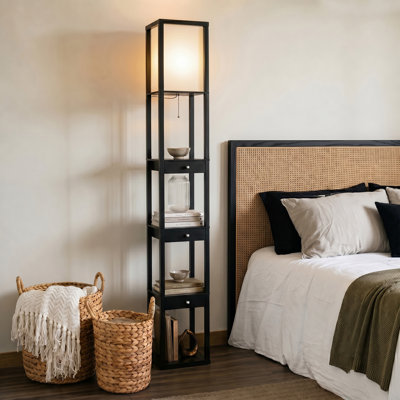Lampe sur pied à DEL 72 po avec finition noire Maxwell, 4 tablettes intégrées, 3 tiroirs de rangement, ampoule incluse