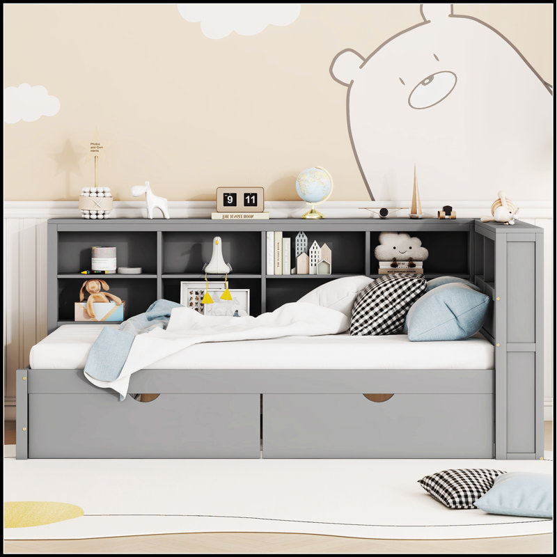 Lit de jour en bois avec 2 tiroirs, tablette de rangement et ports de chargement USB pour un confort moderne, Gris
