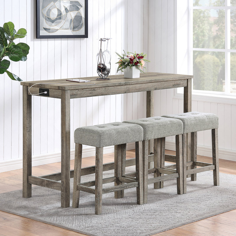 Ensemble de table de bar avec prise de courant, ensemble de salle à manger 4 pièces idéal pour la vie, la salle à manger et les salles de jeux, style industriel pour les espaces modernes