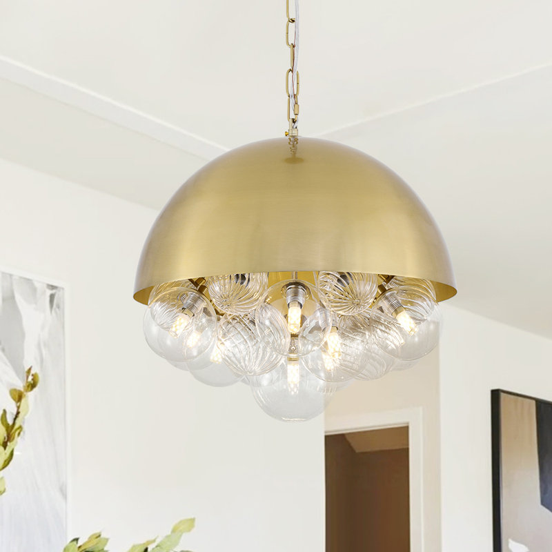 Luminaire suspendu en forme de dôme à 10 lumières avec bulle en verre nervuré, Doré