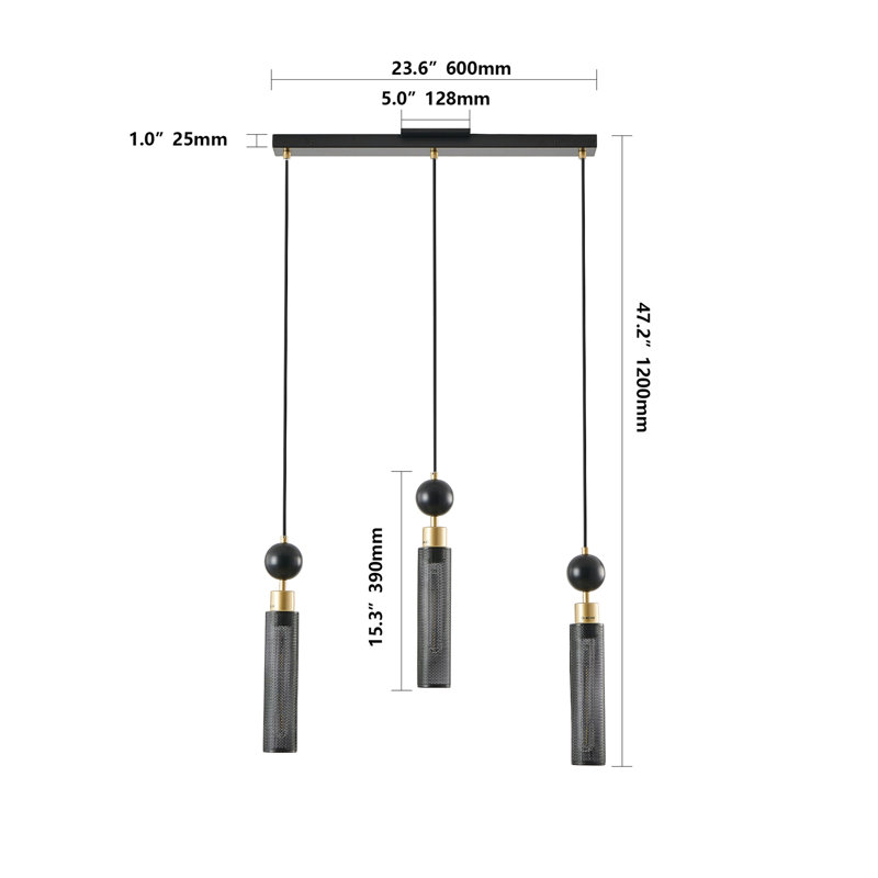 Lustre suspendu moderne 25 po noir et or à 3 lumières, lumières suspendues réglables avec abat-jour cylindriques en maille, base E26, idéal pour la salle à manger, l'îlot de cuisine ou le salon (sans ampoules)