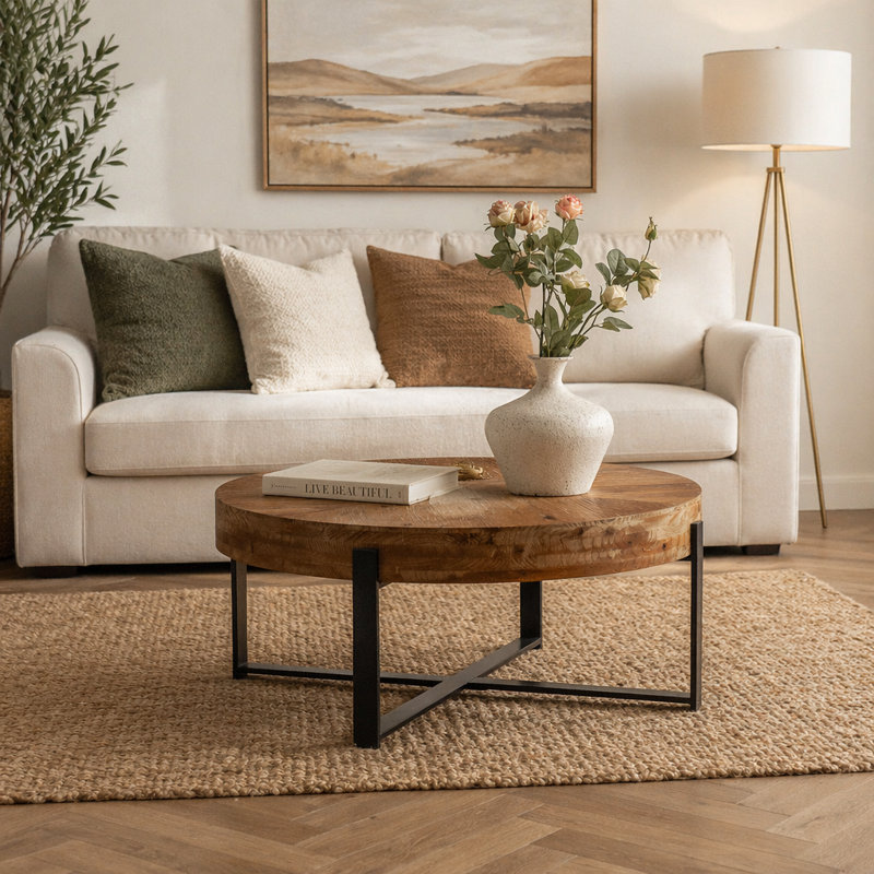 Table basse ronde rétro avec plateau en bois de sapin et pieds croisés, Walnut / Gold