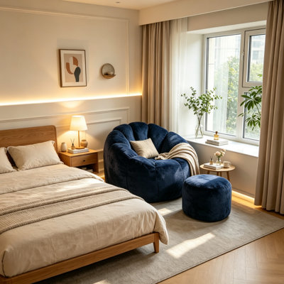 Pouf géant bleu foncé en fausse fourrure en forme de citrouille, canapé de sol surdimensionné en mousse pour jeux et lecture à domicile