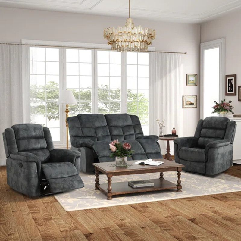 Ensemble de salon inclinable manuel en microfibre 3 pièces - 2 fauteuils inclinables et causeuse, Gris verdâtre