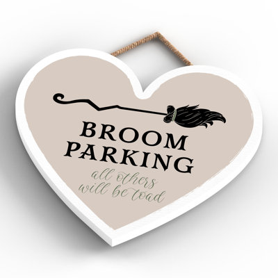 Witch Broom Parking Wooden Heart Plaque