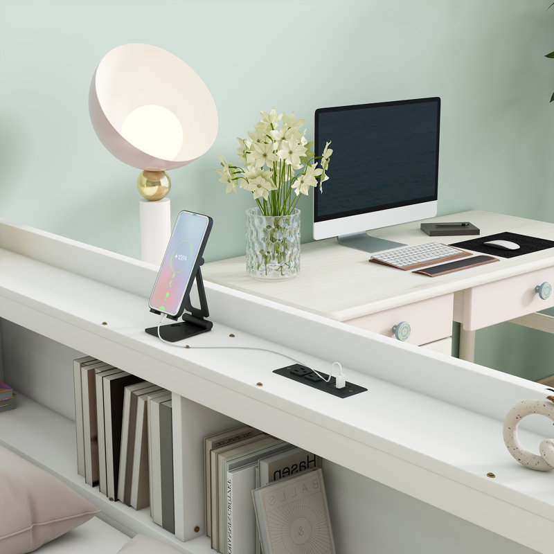 Lit double en forme de L avec bibliothèques, prises de courant USB, deux tiroirs, blanc, Très grand lit