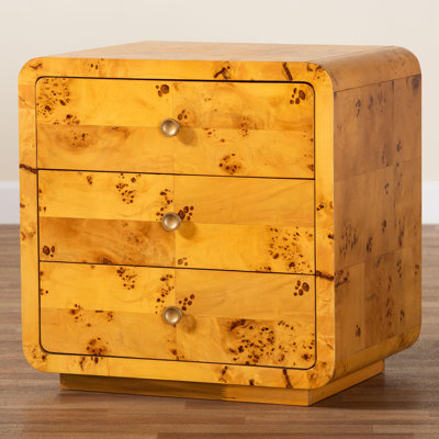 Dynell Modern And Contemporary Natural Real Burl Wood 3-Drawer Nightstand