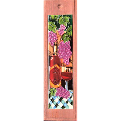 Porte-bouteilles décoratif en bois avec carreaux de céramique - Vin rouge sur motif de nappe bleue