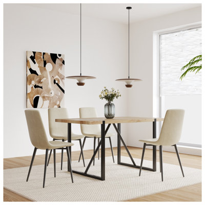 Ensemble de salle à manger 5 pièces avec table en panneau de fibres à densité moyenne de 55 po et 4 chaises modernes en naturel et beige