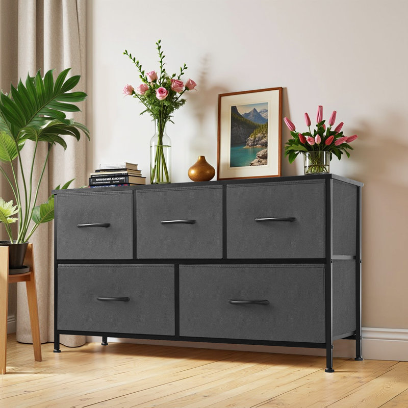 Dresser For Bedroom, 5 Storage Drawers, Wide Closet Chests Organizer Tower Furniture With Top Metal Frame For Clothes, Kids Room, Living Room, Hallway, Entryway