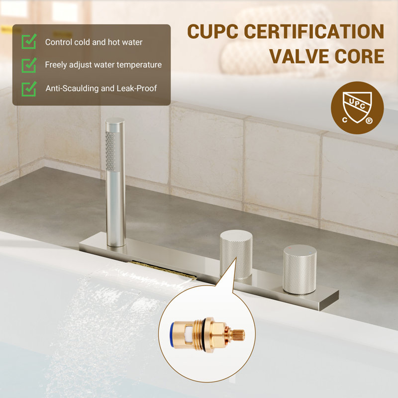 Doux Waterfall Deck-Mount Bathtub Filler Faucet with Diverter and Handheld Shower, Brushed Nickel
