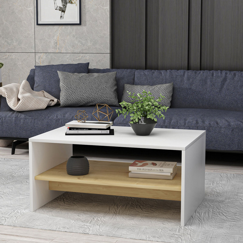 Table basse avec rangement Cozad, Blanc / chêne saphir
