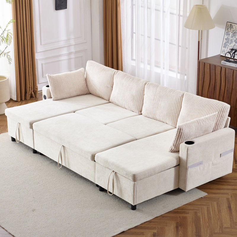 111.8" Sectional Sofa Pull-Out Sofa Bed Versatile Sofa Sleeper With Large Storage Space, Beige Chenille