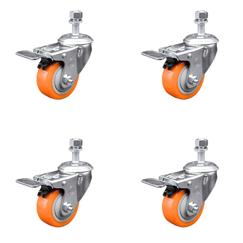 3 Inch 316SS Yellow Polyurethane Wheel Swivel 12mm Stem Caster Set Lock Brake, Orange