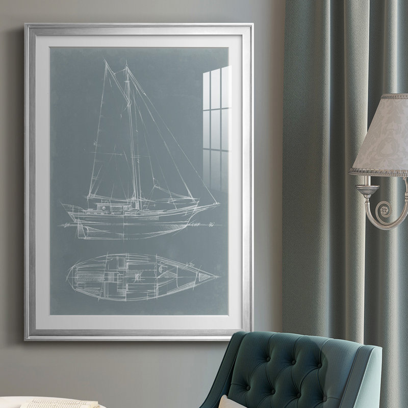 Yacht Sketches III, reproduction d'art encadrée, H 30,5 po x l 22,5 po x P 1 po, Encadrement argenté