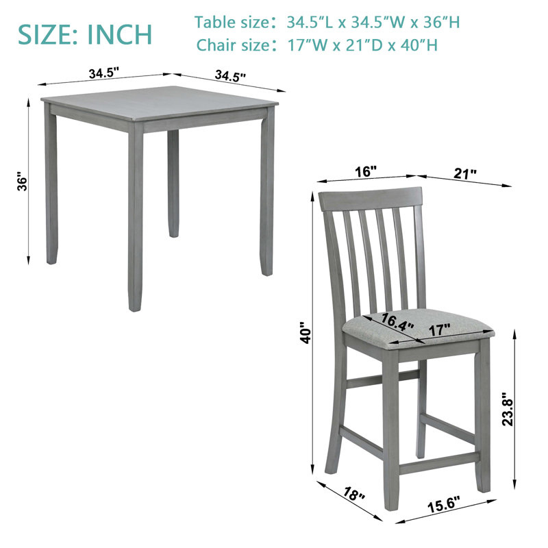 Ensemble de table de salle à manger 5 pièces, ensemble de table de salle à manger carrée en bois pour 4 personnes, ensemble de table de cuisine à hauteur de comptoir avec table carrée et 4 chaises rembourrées pour petit espace, gris