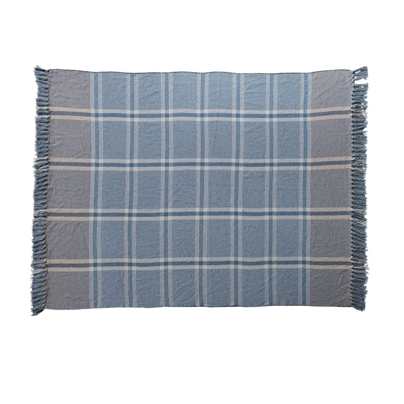 Plaid Cotton Blend Throw With Fringe