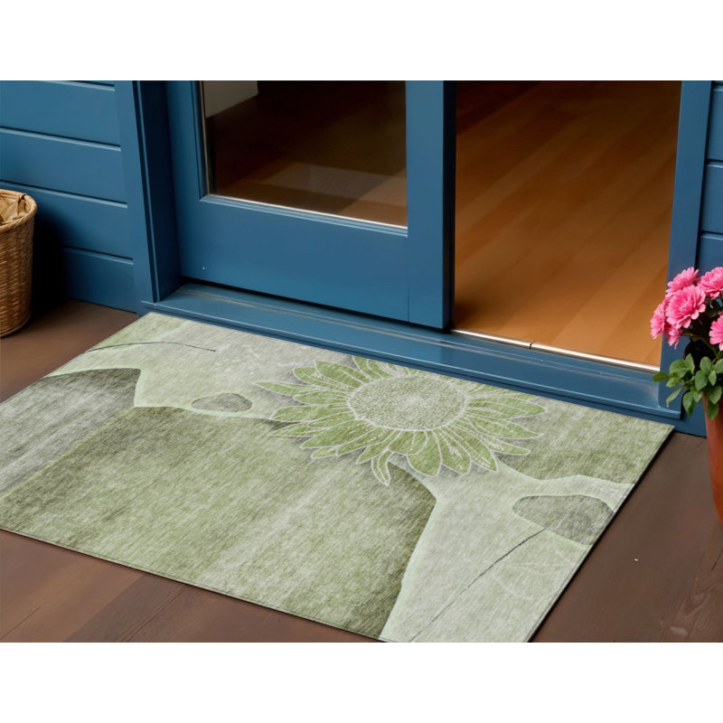 Tapis intérieur / extérieur 3 pi x 5 pi vert et gris à motif d'artichauts lavables