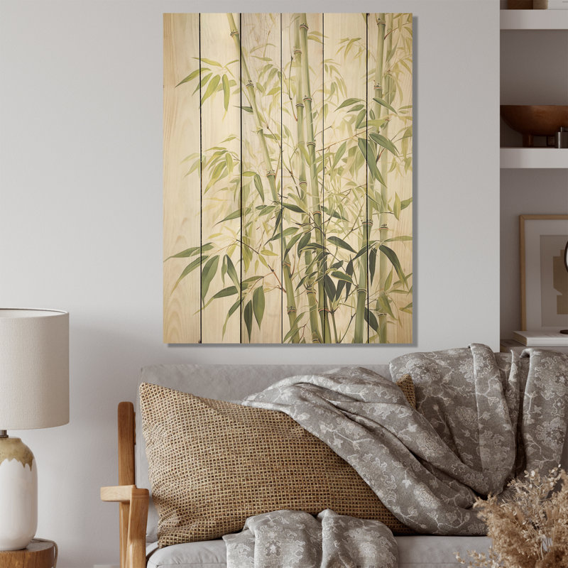 «Mute Bamboo Embrace I» - Art mural en bois de bambou sur bois de pin naturel, H 40 po x l 30 po