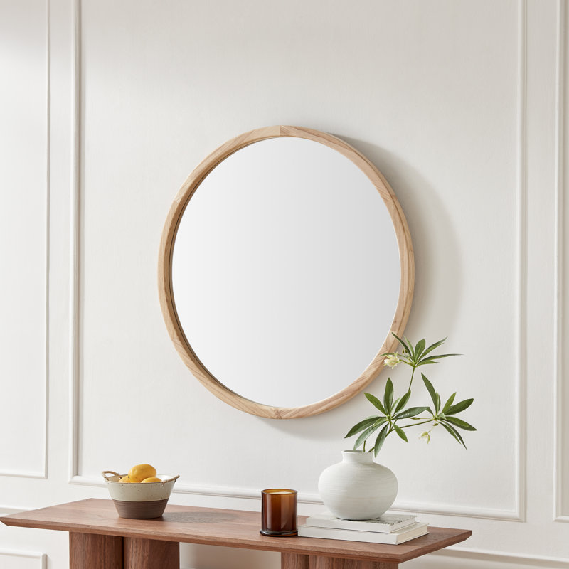 Judy Solid Wood Circular Hallway Wall Mirror - Classic Mid Century Design, Oak