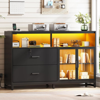Mandip 59" File Cabinet, 2 Drawers Filing Cabinets Printer Stand With Storage & Led Lights by Wrought Studio