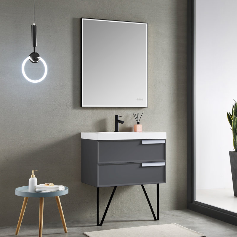 Ensemble de meuble-lavabo simple 30 po avec miroir Tyonna, Gris mat, DEL à côtés en cadre carré
