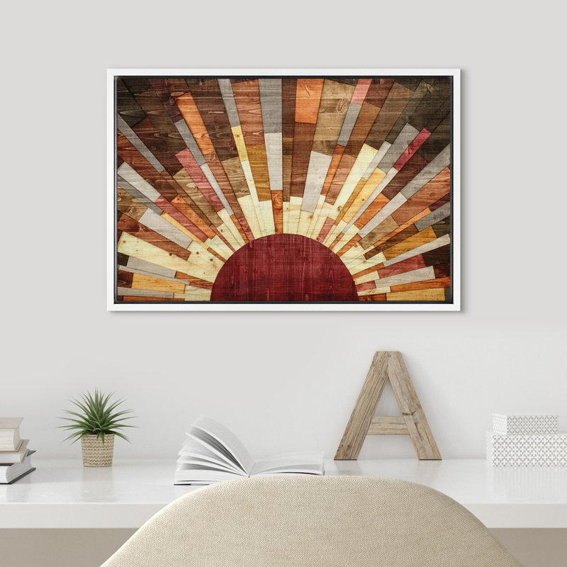 «Western Wood Effect Landscape Brown Sun Rays», impression rustique sur toile encadrée, H 24 po x l 36 po, Blanc