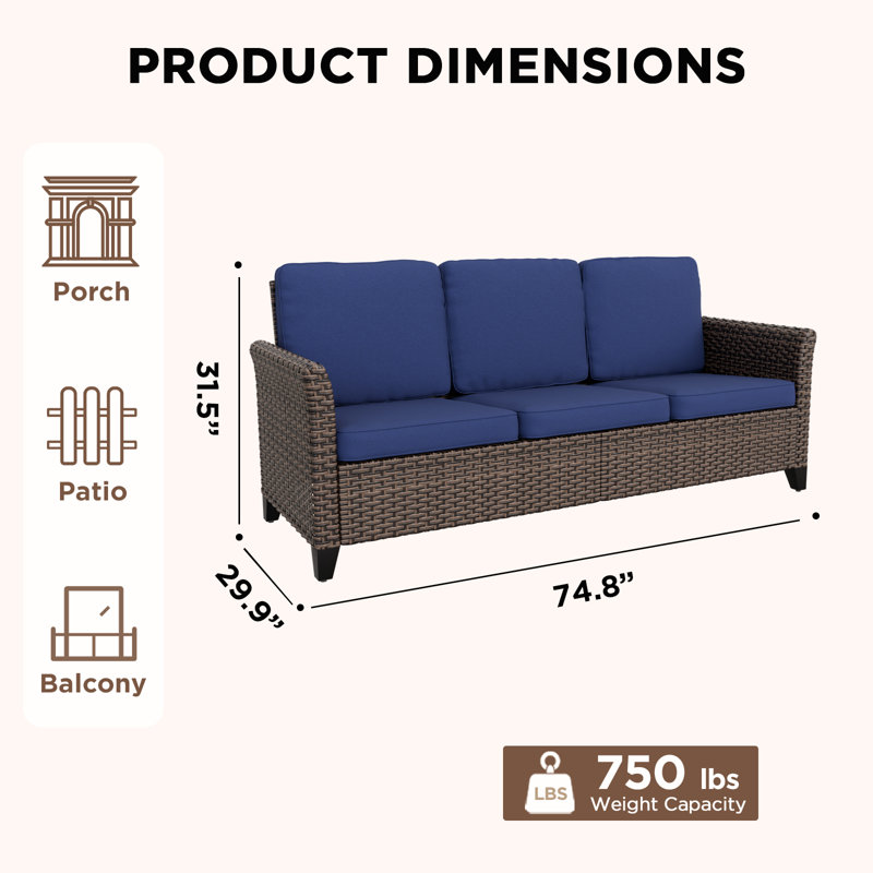 Mix Brown Rattan Wicker Patio Outdoor Spacious 3-Seat Sofa with Curved Armrest, Blue