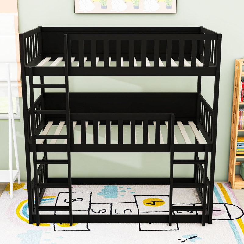 Kaio Twin Over Twin Over Twin Wooden Triple Bunk Bed With Ladders And Guardrails, Black