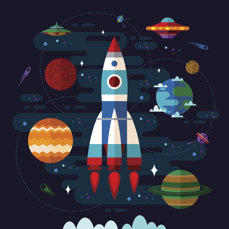 Espace avec vaisseau, ovni et planètes. - Impression sur toile tendue, L 12 po x H 12 po