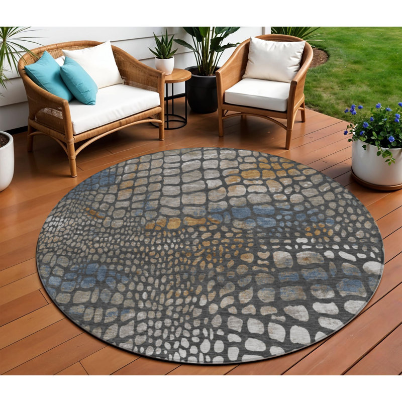 Tapis d'extérieur rond lavable gris anthracite et cuivre 8 pi