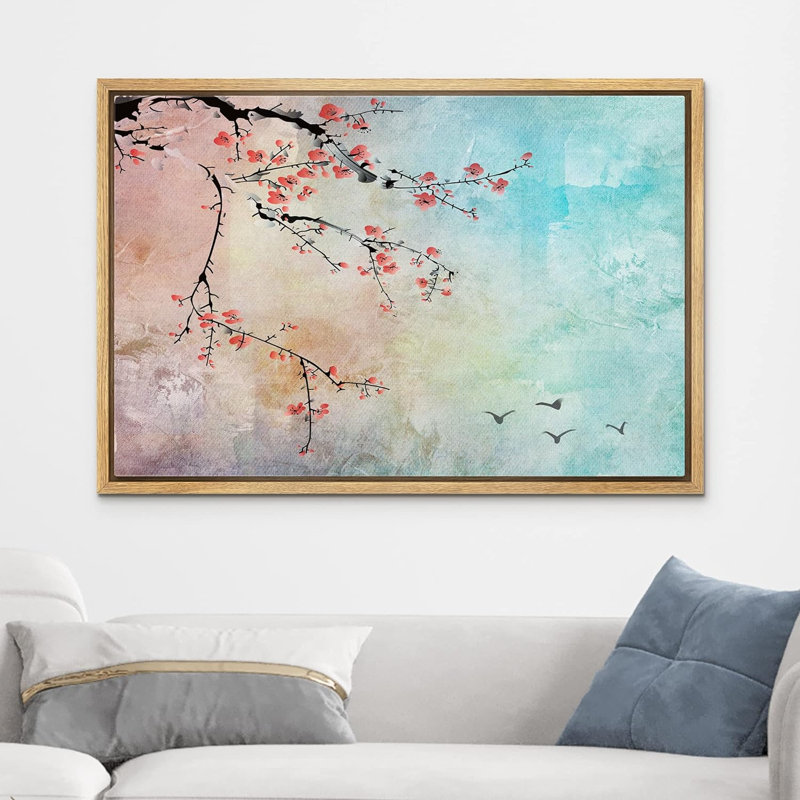 Flower Blossom «Beautiful Aquarelle Illustration of Cherry Blossoms and Birds In The Sky» sur, Encadré naturel