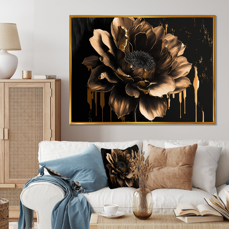 Dahlia noir et doré - Art mural sur toile floral et botanique, Cadre flottant doré, H 34 po x l 44 po x P 1,5 po