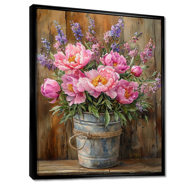 Barnyard Wildflowerand Poppies Flowers II - pivoines, art mural, Noir, Reproduction avec cadre flottant, H 20 po x l 12 po
