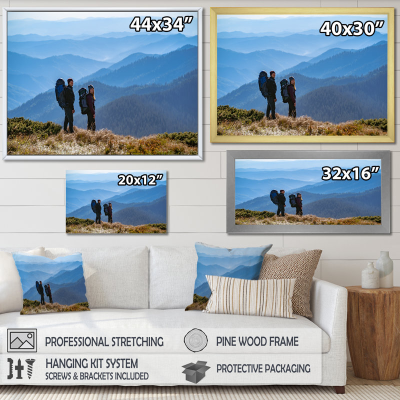 " Hikcing Backpacking Couple In Canada ", White Floater Framed, 12" H x 20" W