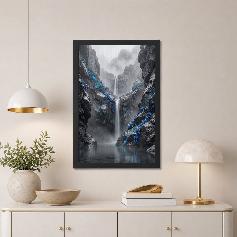 Cascade d'eau dans un canyon gris avec des vignes bleues, art mural, H 24 po x l 16 po