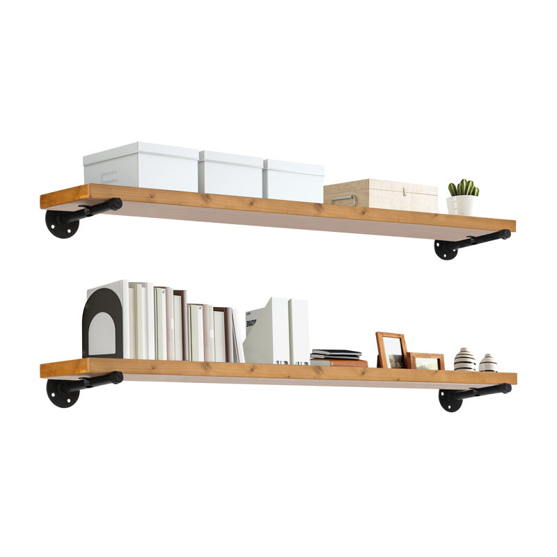 48" Industrial Pipe Wood Wall Shelf - Real Wooden Shelf w/ Special Walnut Color