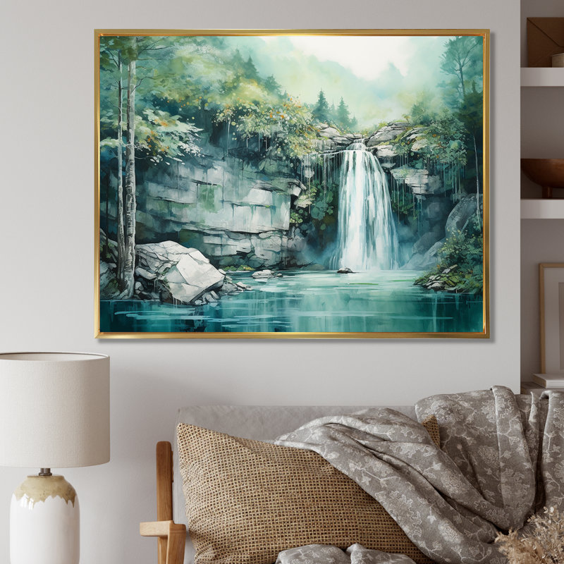 «Waterfall Cliff Scenery Magic» sur toile, Cadre flottant doré, H 34 po x l 44 po x P 1,5 po