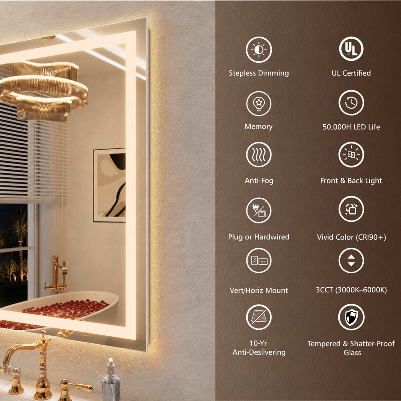 Led Backlit Frameless Lighted Bathroom Mirror Wall Mirror Dimmable Anti-fog, 48" x 40"