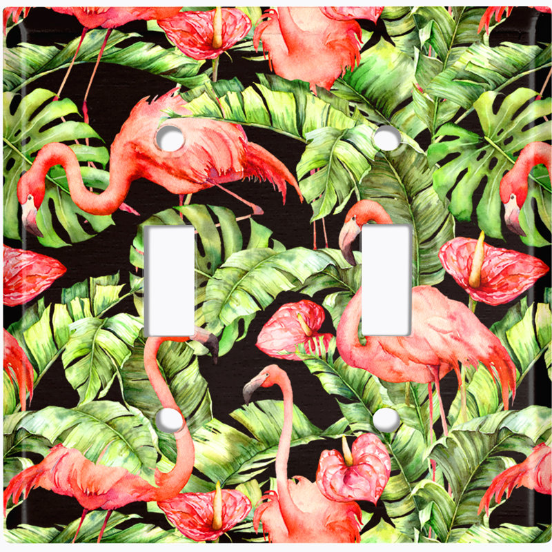 Rose, flamants roses, plantes vertes Monstera, feuilles, plaque noire à 2 interrupteurs à bascule